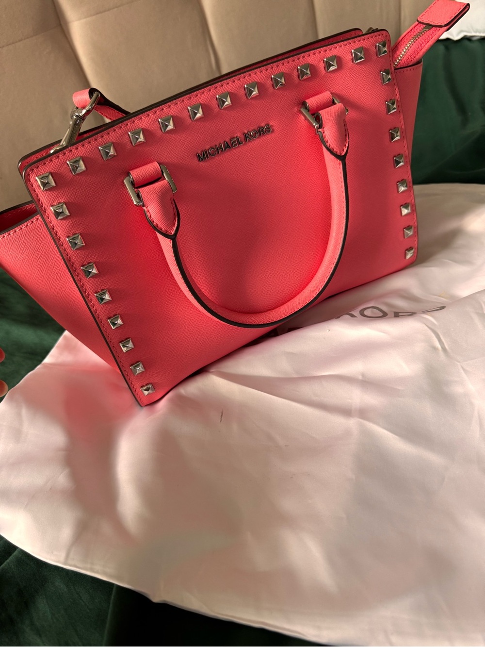 Michael Kors Coral Pink Studded Saffiano Satchel